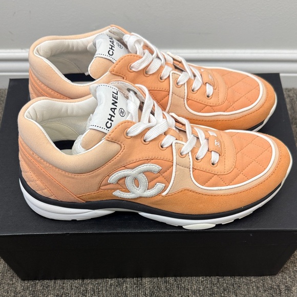 Chanel Peach Suede Quilted Logo Sneakers - 38.5 - Picture 2 of 10